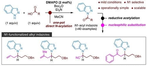 DMAPO/Boc2O‐Mediated One‐Pot Direct N1‐Acylation of Indazole with Carboxylic Acids: A Practical Synthesis of N1‐Functionalized Alkyl Indazoles