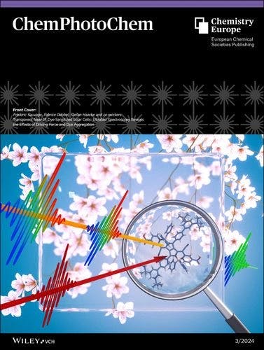 Front Cover: Transparent Near‐IR Dye‐Sensitized Solar Cells: Ultrafast Spectroscopy Reveals the Effects of Driving Force and Dye Aggregation (ChemPhotoChem 3/2024)