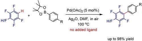 Pd‐Catalyzed Oxidative C−H Arylation of (Poly)fluoroarenes with Aryl Pinacol Boronates and Experimental and Theoretical Studies of its Reaction Mechanism