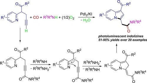 Synthesis and Photochemical Characterization of Indolizine Fluorophores Obtained by a Multicomponent Palladium Iodide−Catalyzed Oxidative Aminocarbonylation Approach