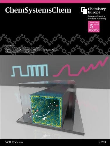 Front Cover: Polylysine‐Coated Surfaces Drive Competition in Chemical Reaction Networks to Enable Molecular Information Processing (ChemSystemsChem 1/2024)